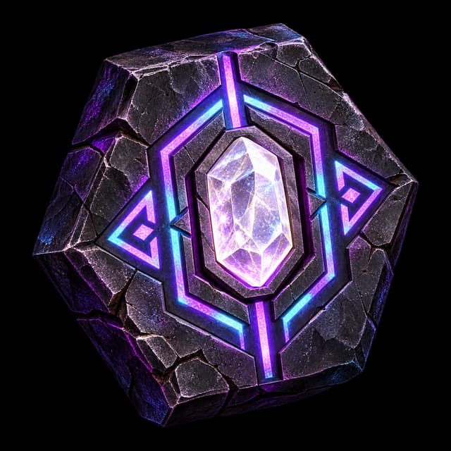 A thick, rugged, chipped dark Runestone tablet with a faceted Cut Quartz inset glowing in the centre, surrounded by crisp cyan and violet illuminated geometric glyphs
