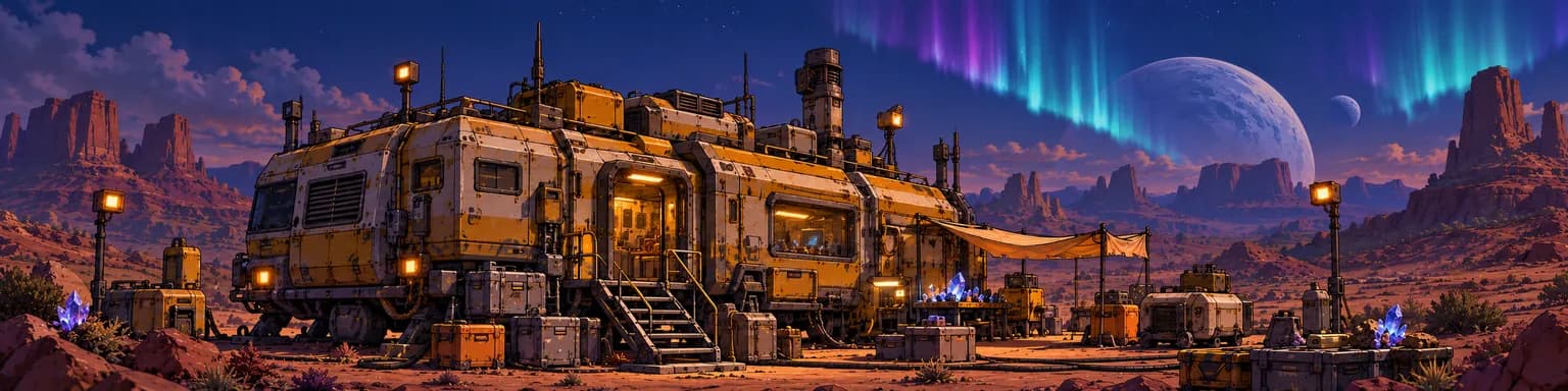 A battered yellow mobile mineral laboratory, a camper-like work vehicle with rooftop vents, antennas and work lamps, a metal stair at its open door and a canvas awning beside it, parked among tool crates and amethyst-like crystals on red desert rock under an aurora sky and a large pale moon